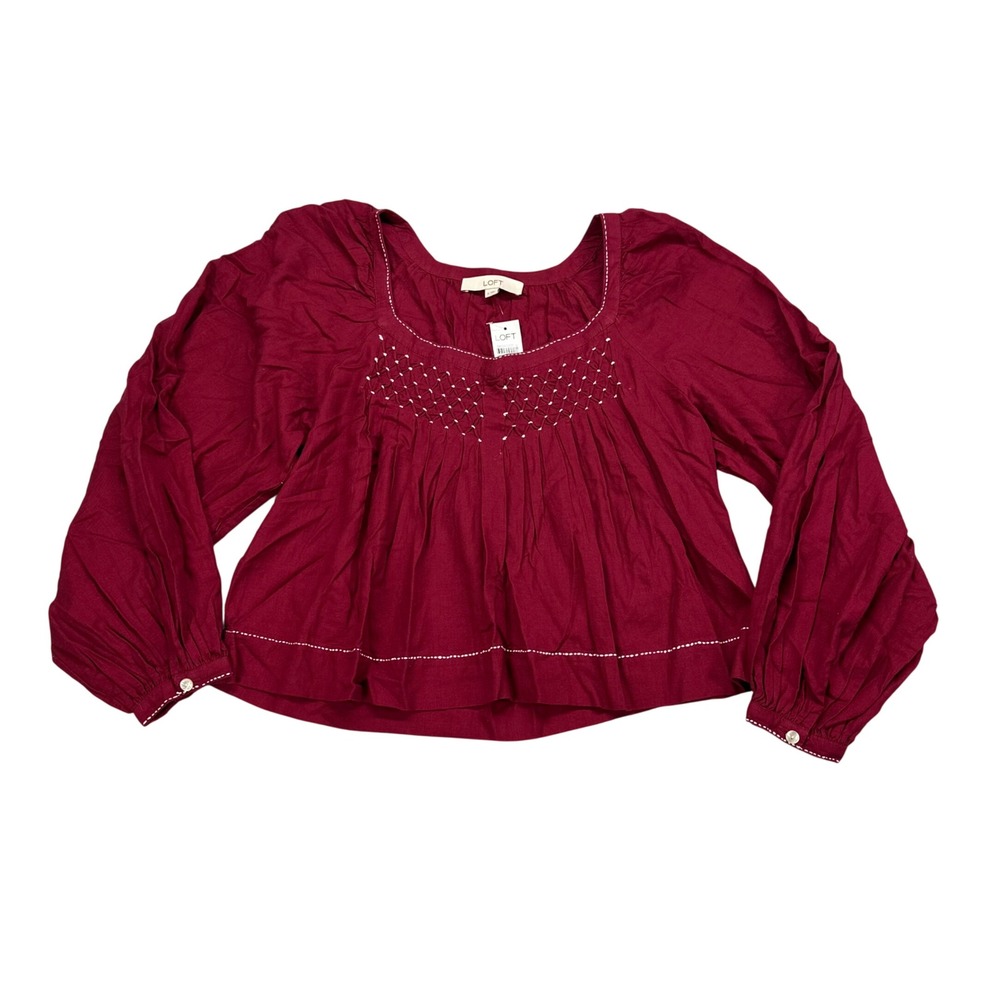 LOFT Smocked Yoke Peasant Top Burgundy Wine Square Neck Long Sleeve Small NWT